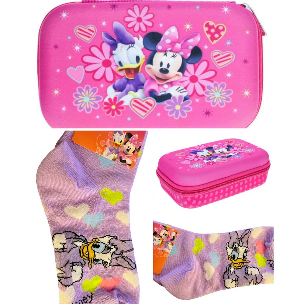 Disney Minnie & Daisy Gift Set Large Pencil/Accessory Case & Purple Daisy Socks